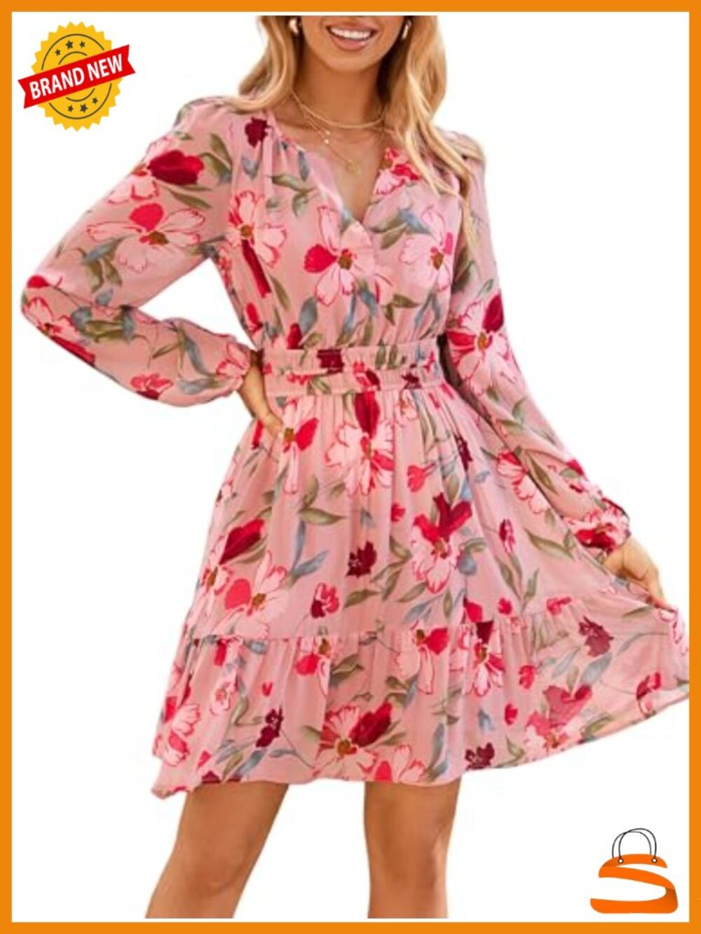 Simplee Women's Floral Mini Dress Long Sleeve Boho Chiffon A-Line V-Neck